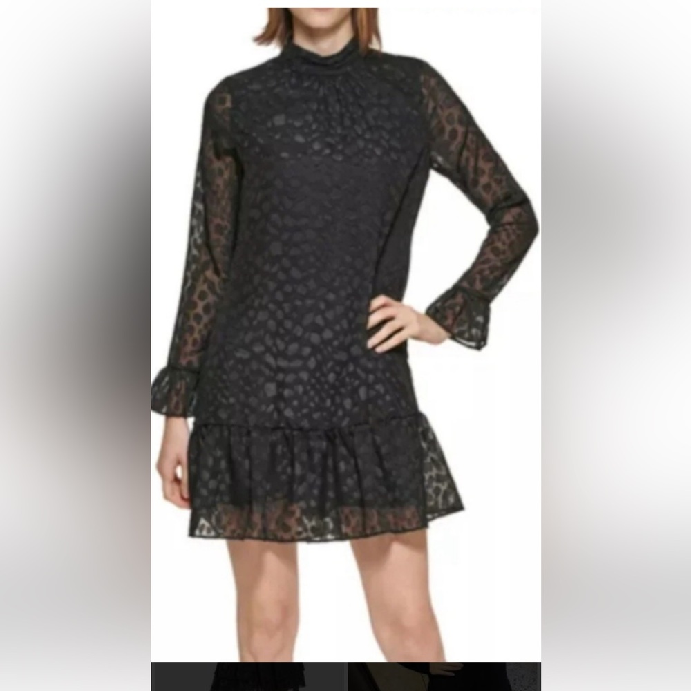 Calvin Klein Black Textured Long Sleeve Dress